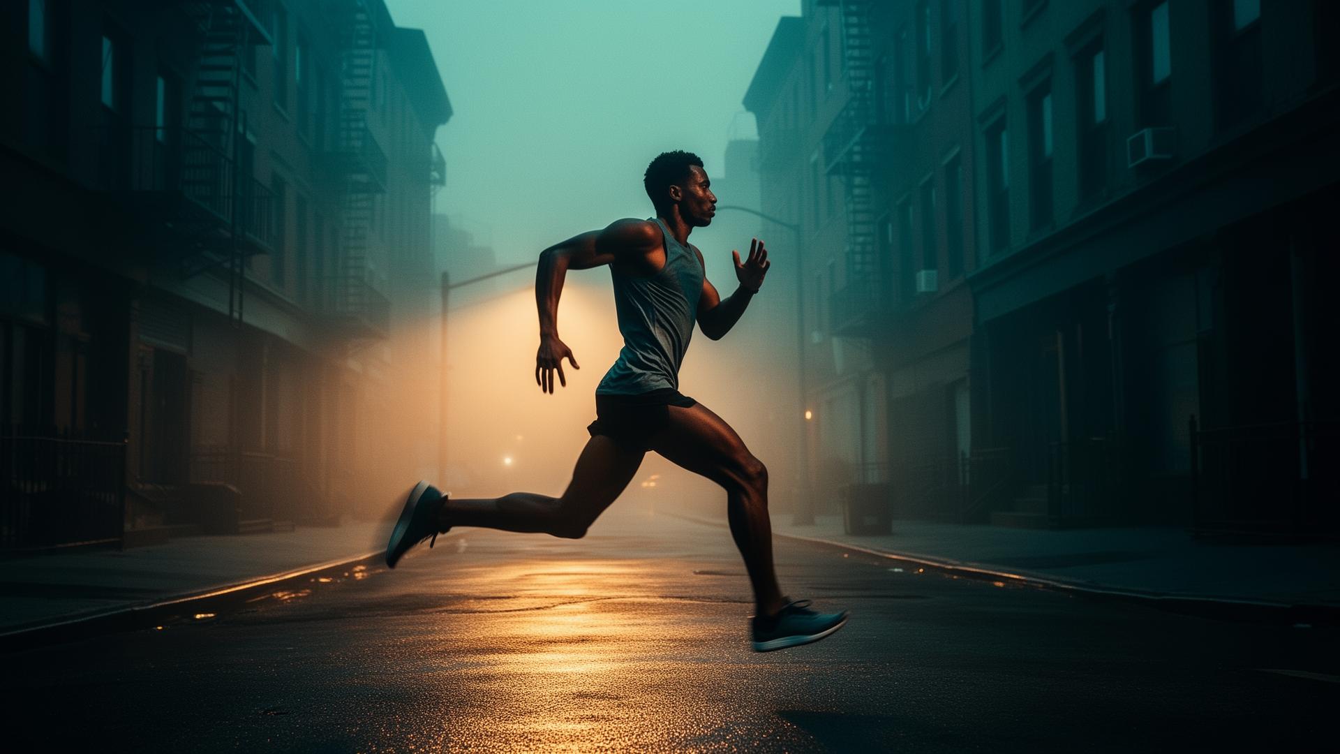 Runner mid-stride on a Brooklyn street at dawn